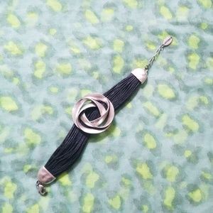 Silver rose and black cord bracelet